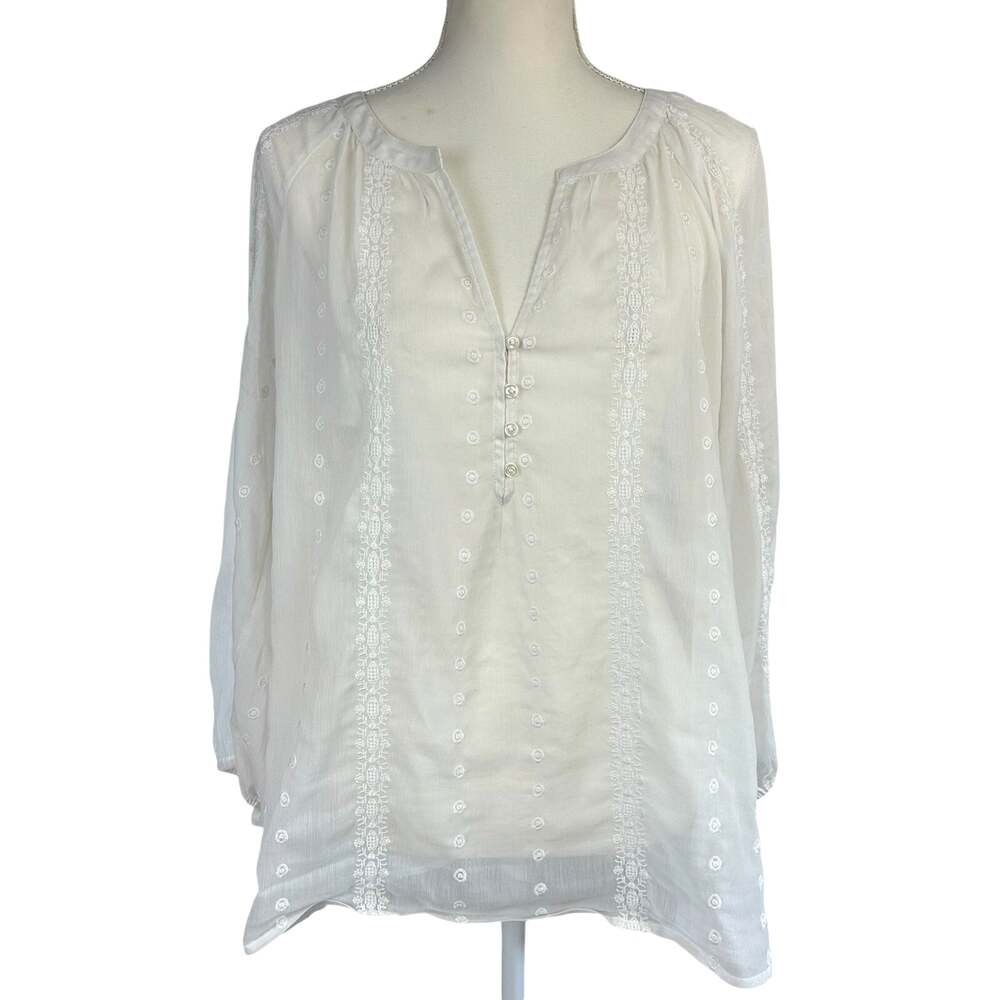 Old Navy Sheer Blouse Women Size Large Ivory White Floral Embroidered Boho Top